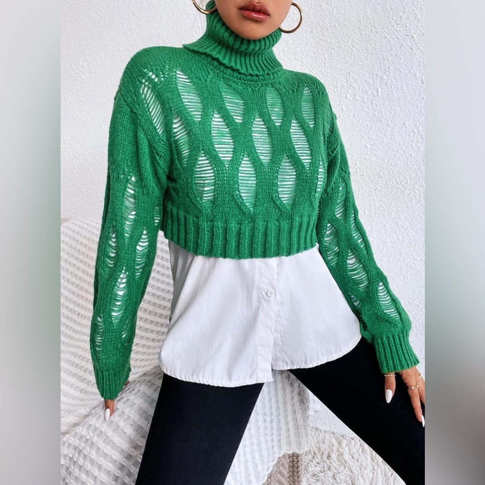 Zara green crop sweater w/ cut out slits. Artistic & gorgeous!